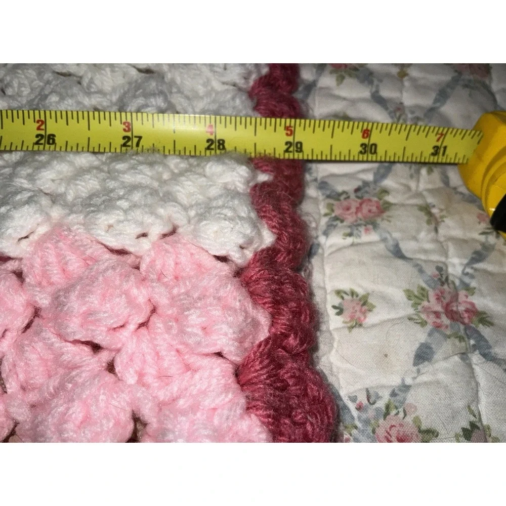 Handmade Cottage Core Crochet Throw Blanket Pink White And Burgandy 29x56